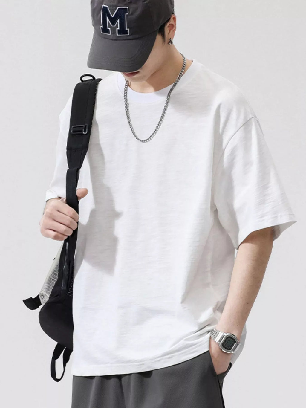 Plus Size Round Neck Half Sleeve T-Shirt in White in Khaki for Men