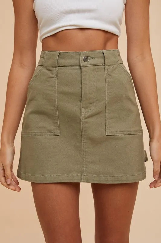 Cargo Denim Mini Skirt in Olive for Women