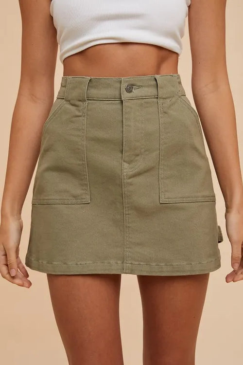 Cargo Denim Mini Skirt in Olive for Women