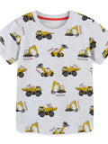 Construction Vehicle Print Crew Neck Short Sleeve T-Shirt in Gray for Boys