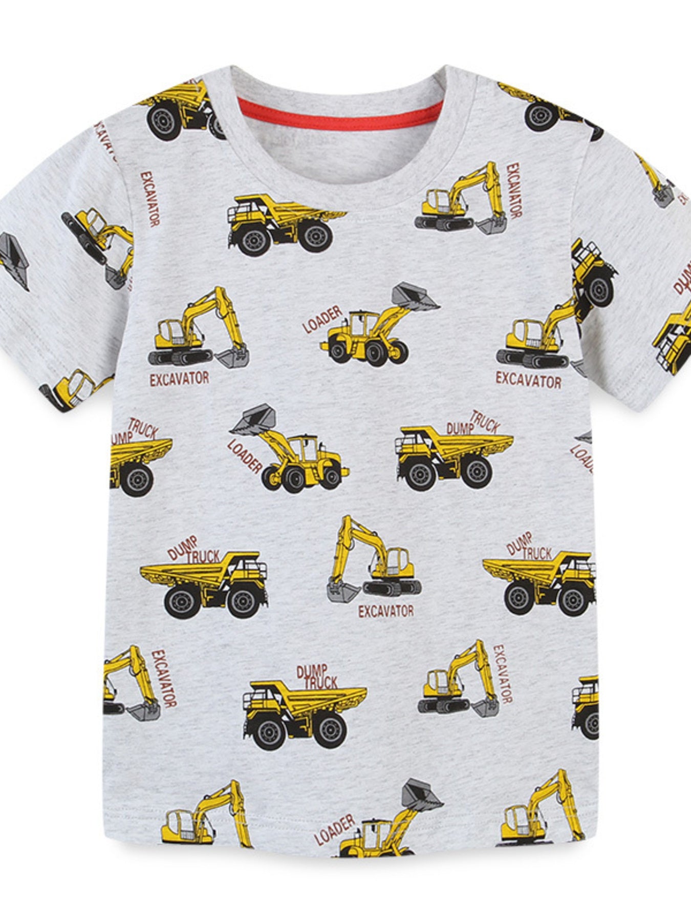 Construction Vehicle Print Crew Neck Short Sleeve T-Shirt in Gray for Boys