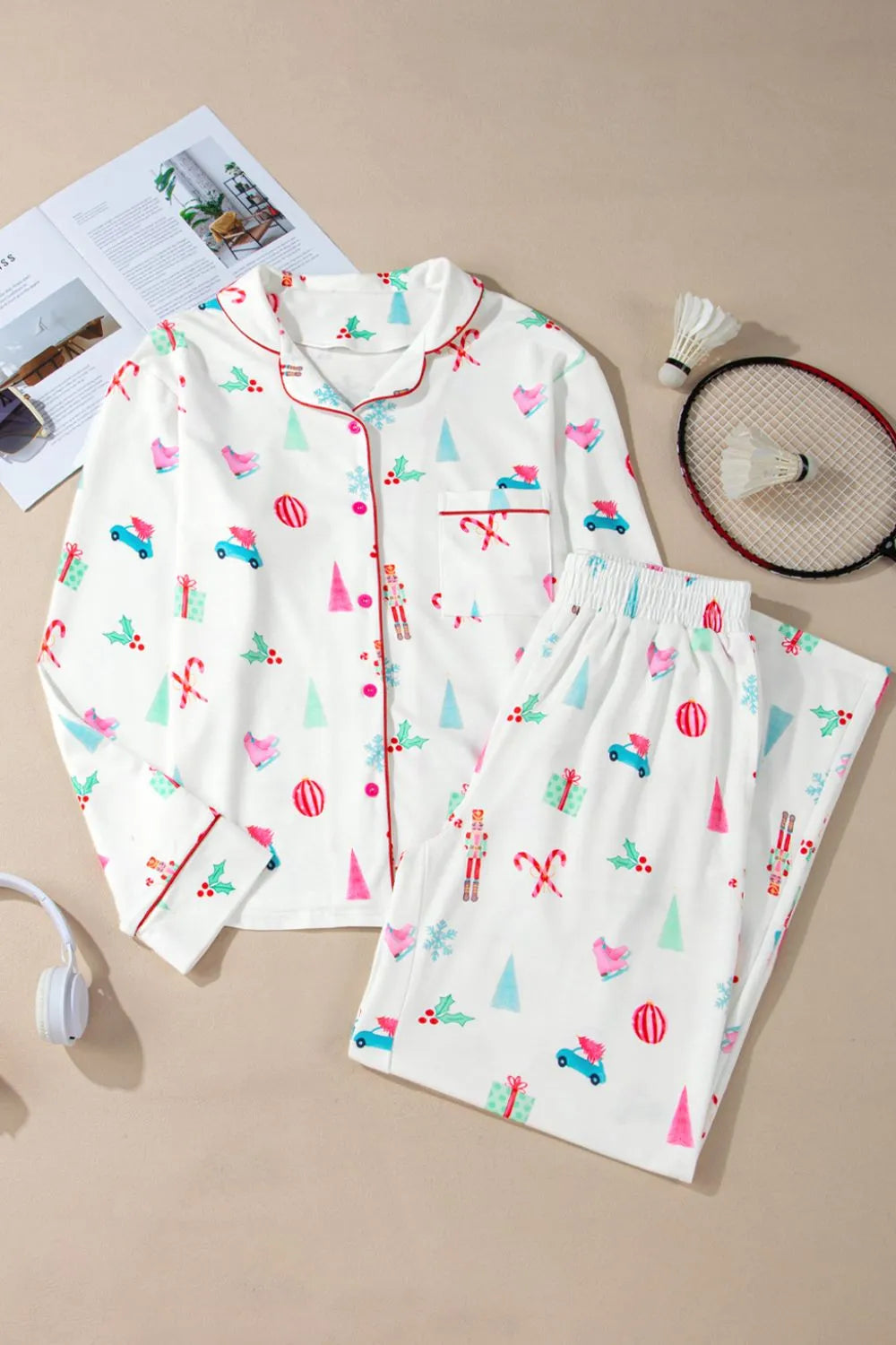 Christmas Printed Collared Neck Top and Pants Lounge Set for Women