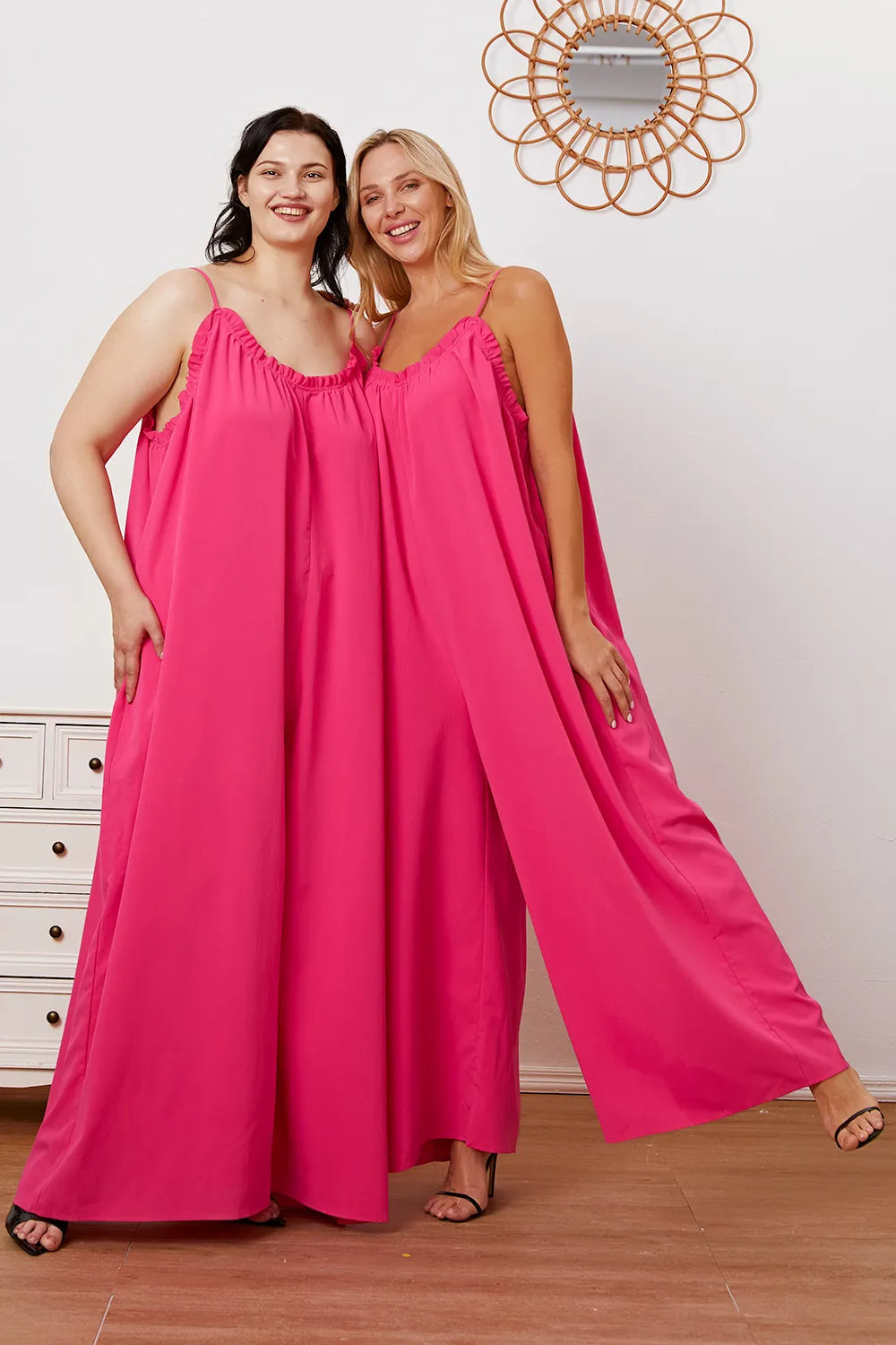 Plus Size Ruffle Trim Tie Back Cami Jumpsuit with Pockets for Women