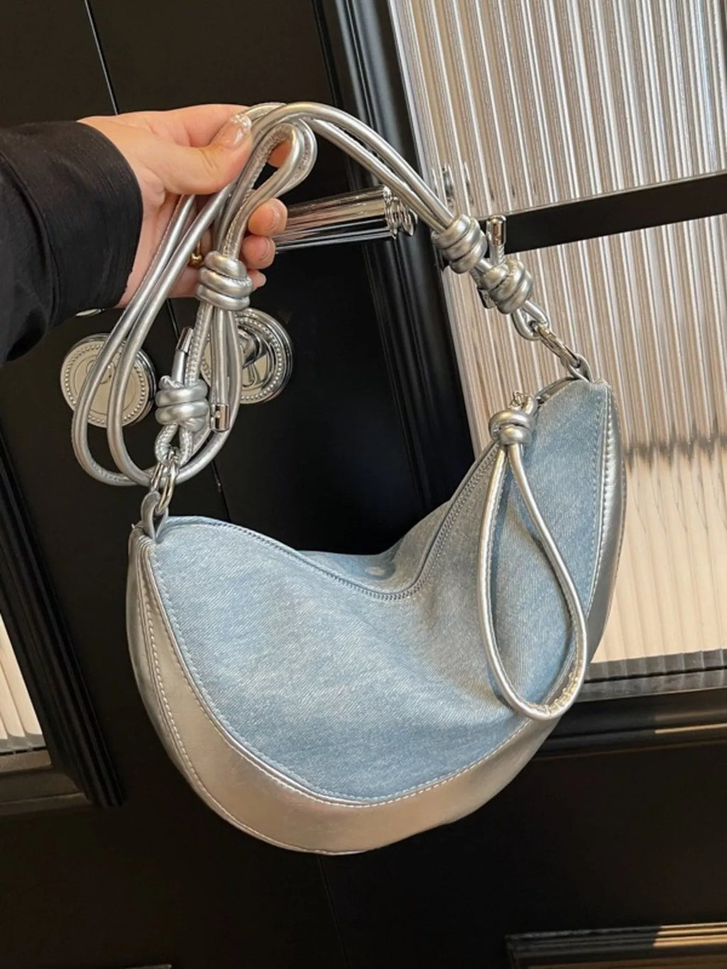 Denim Crescent Hobo Crossbody Bag for Women
