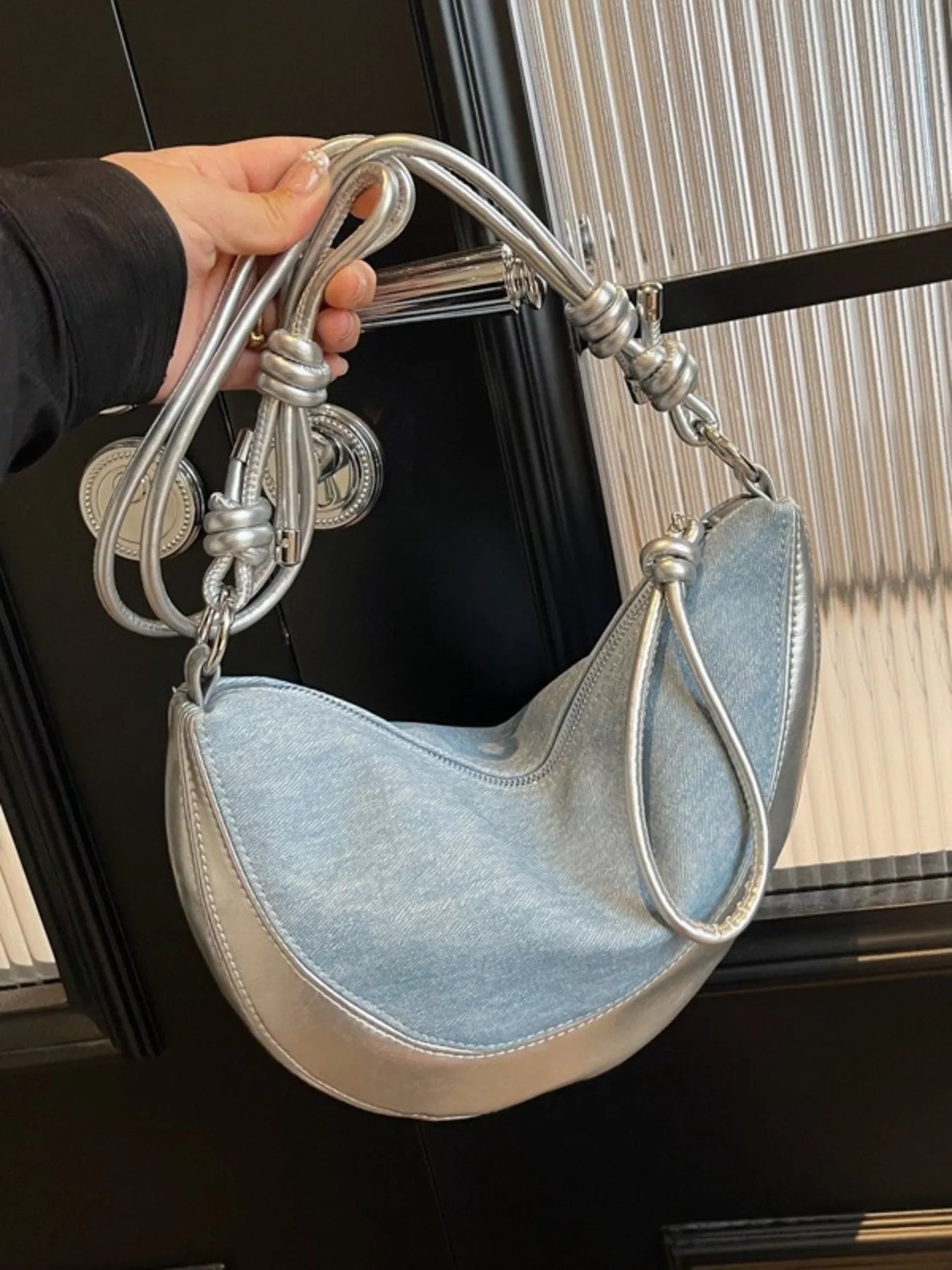 Denim Crescent Hobo Crossbody Bag for Women