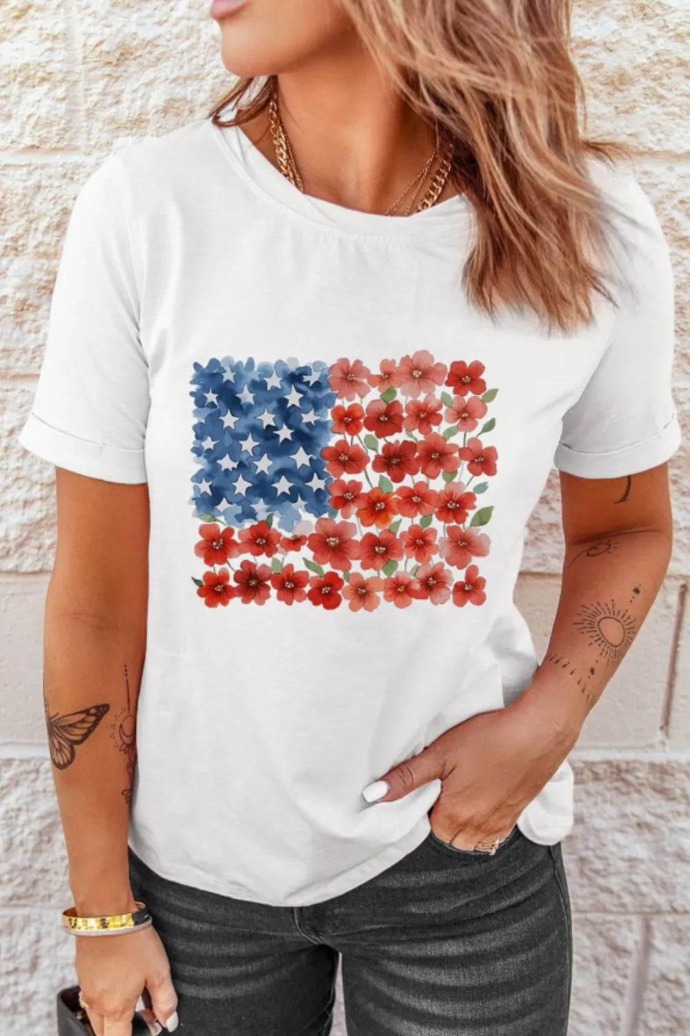 Star Floral American Flag Printed T-Shirt in White for Women