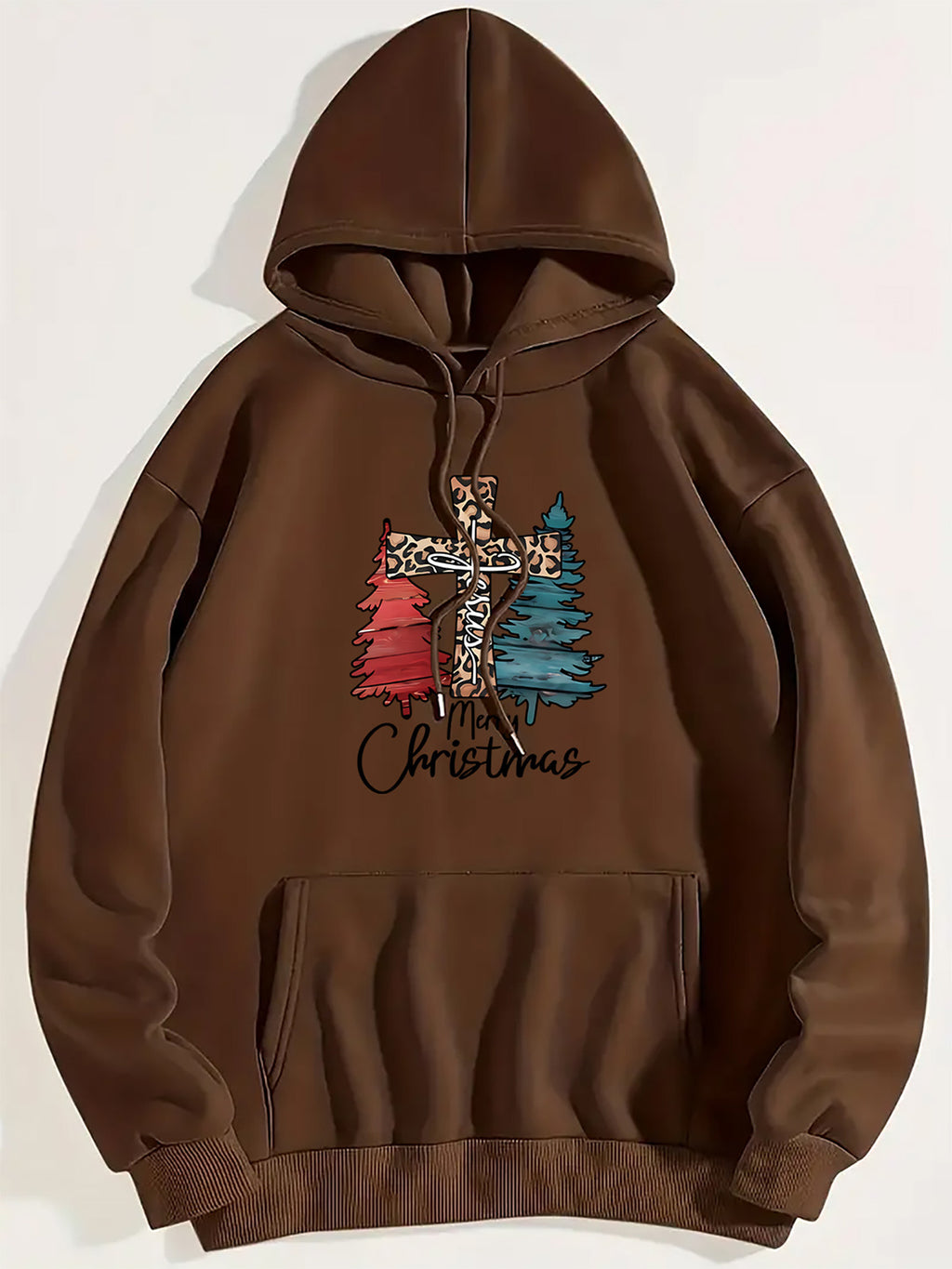 Merry Christmas Graphic Drawstring Hoodie in Chestnut for Women