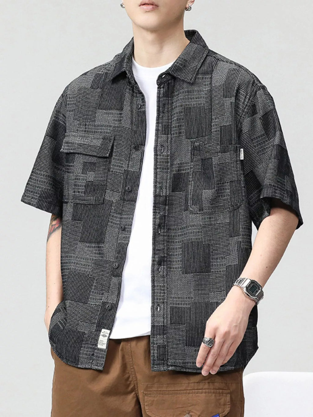 Plus Size Plaid Short Sleeve Shirt in Dusty Blue for Men
