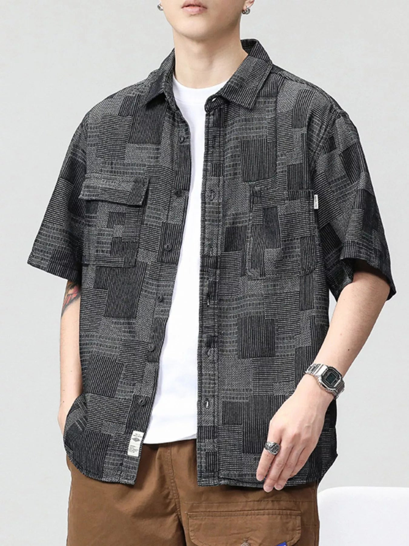 Plus Size Plaid Short Sleeve Shirt in Dusty Blue for Men