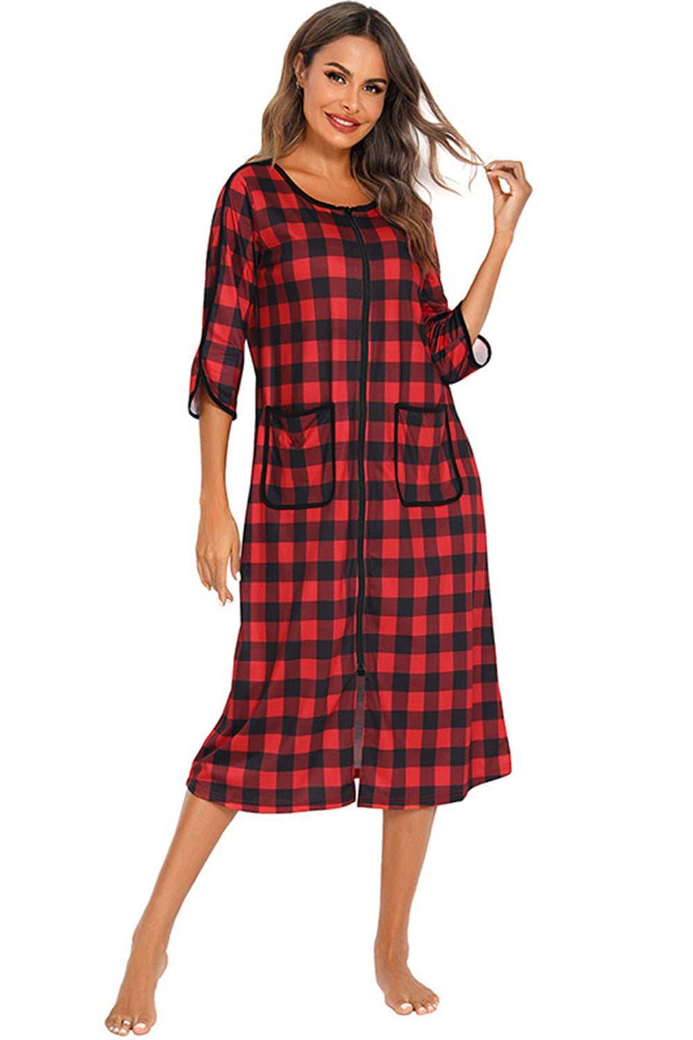 Round Neck Three-Quarter Sleeve Midi Night Dress in Black for Women