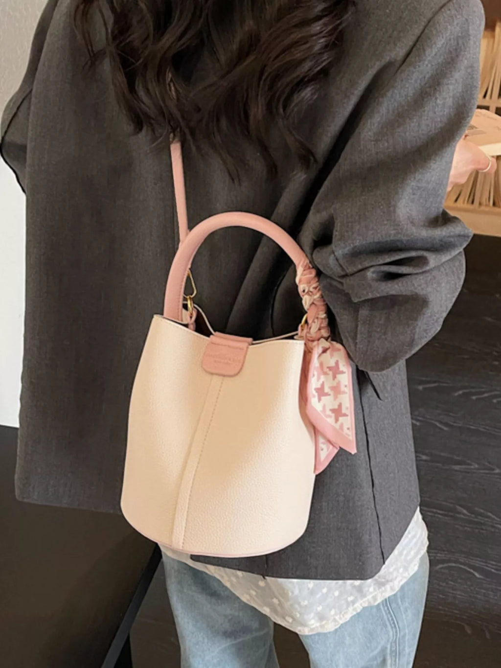 Leather Bucket Crossbody Bag in Cream for Women