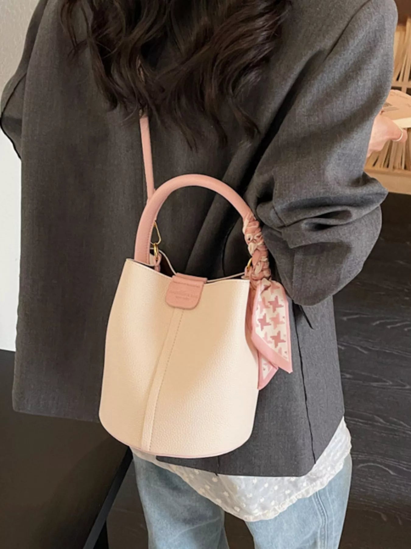 Leather Bucket Crossbody Bag in Cream for Women