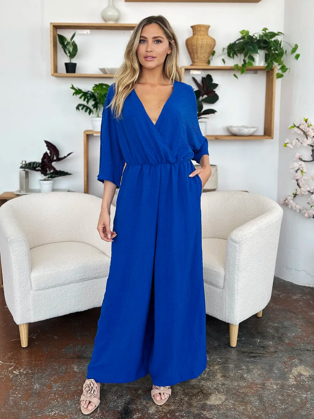 Plus Size Surplice Wide Leg Jumpsuit with Pockets in Mid Green for Women