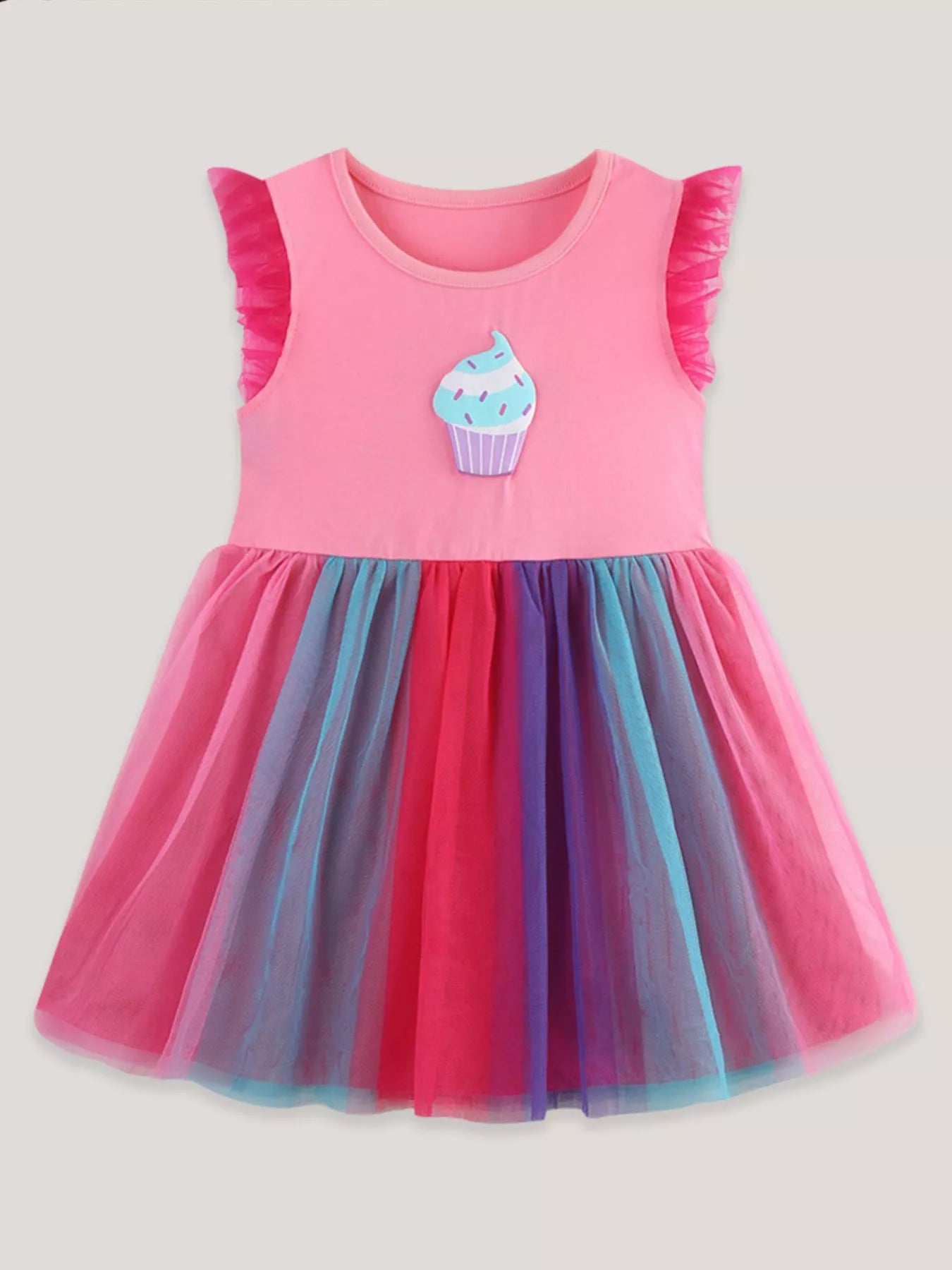 Cupcake Graphic Rainbow Tulle Dress in Fuchsia Pink for Girls