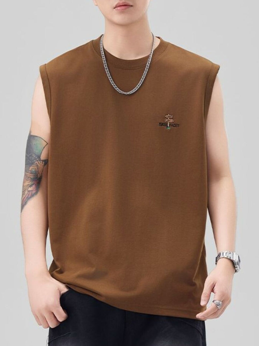 Plus Size Round Neck Tank in Taupe for Men