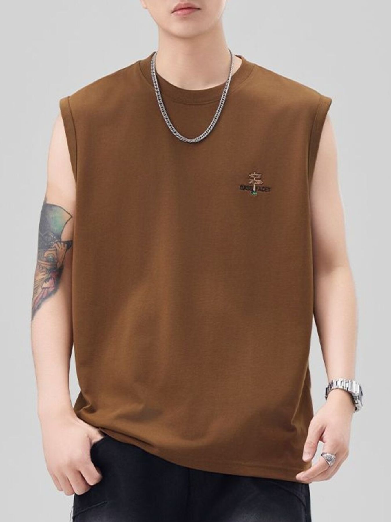 Plus Size Round Neck Tank in Taupe for Men