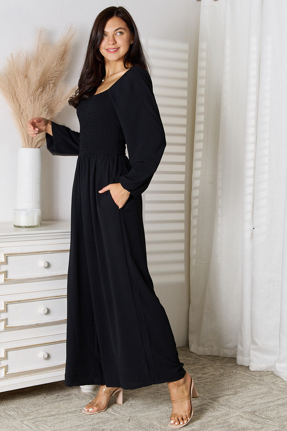 Square Neck Jumpsuit with Pockets for Women