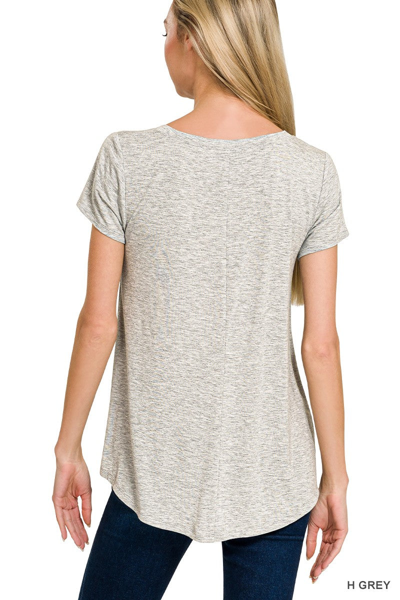 Rayon Short Sleeve V-Neck Round Hem Top in Heather Grey for Women
