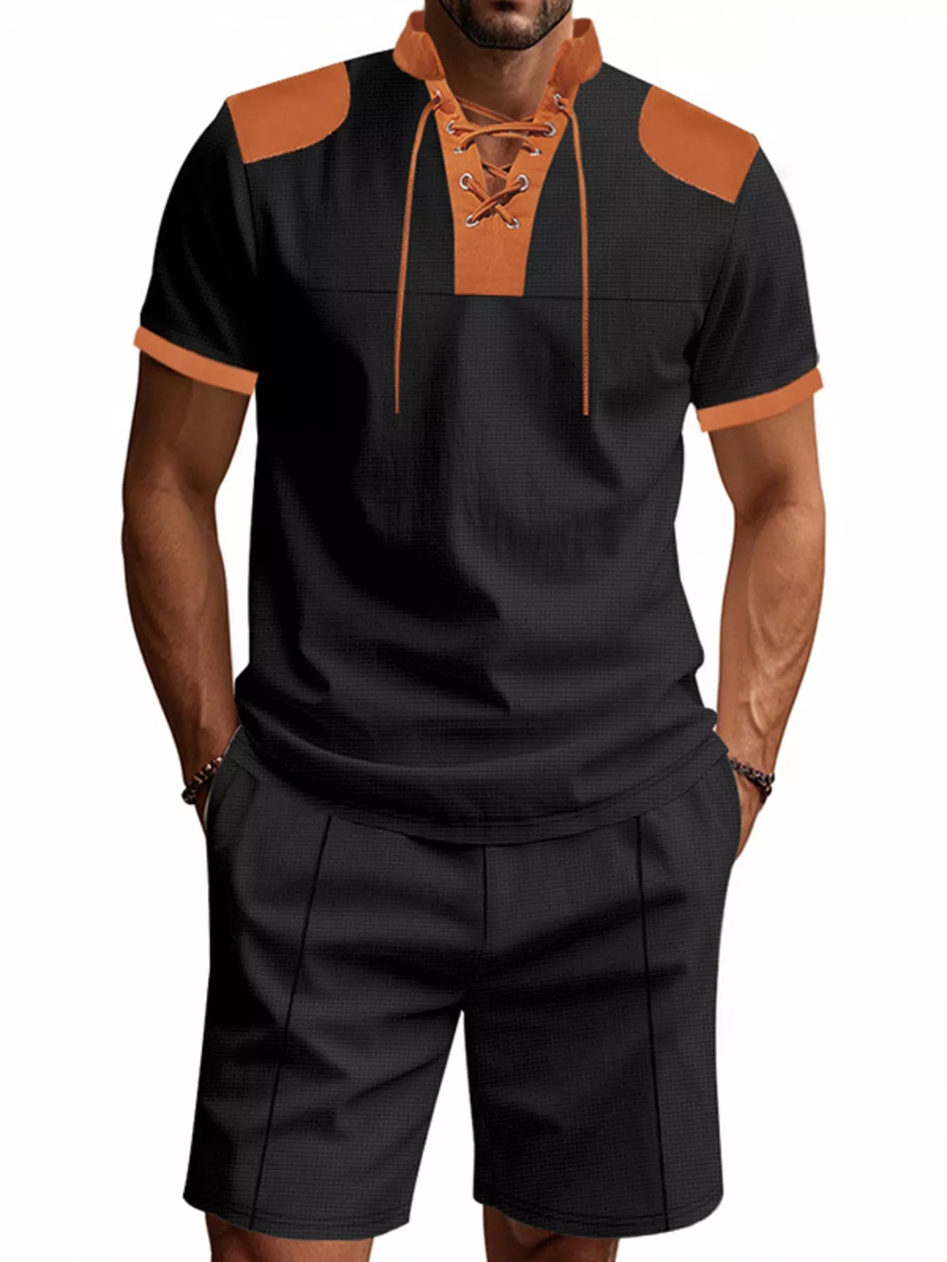 Lace-Up Collar Casual Top and Shorts Set Plus Size in Sapphire Blue for Men