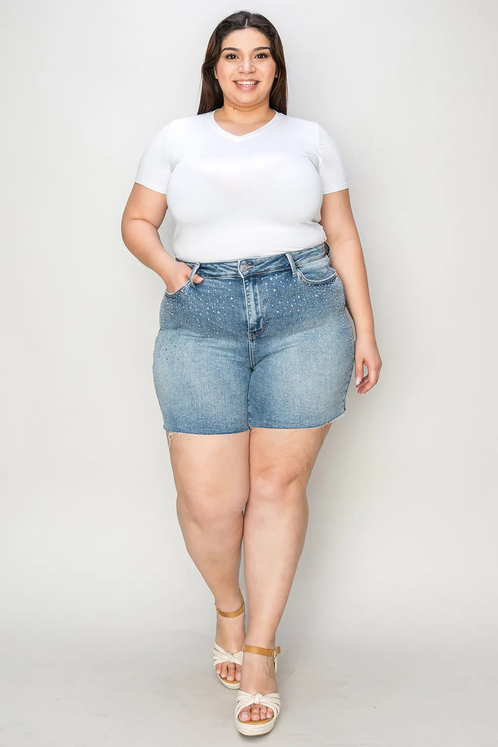 Plus Size High Waist Rhinestone Decor Denim Shorts for Women