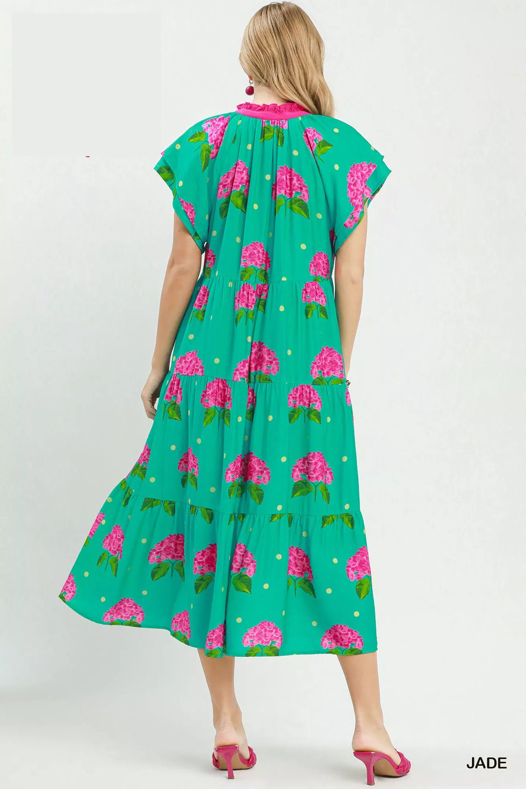 Hydrangea Print Tiered Midi Dress in Jade for Women