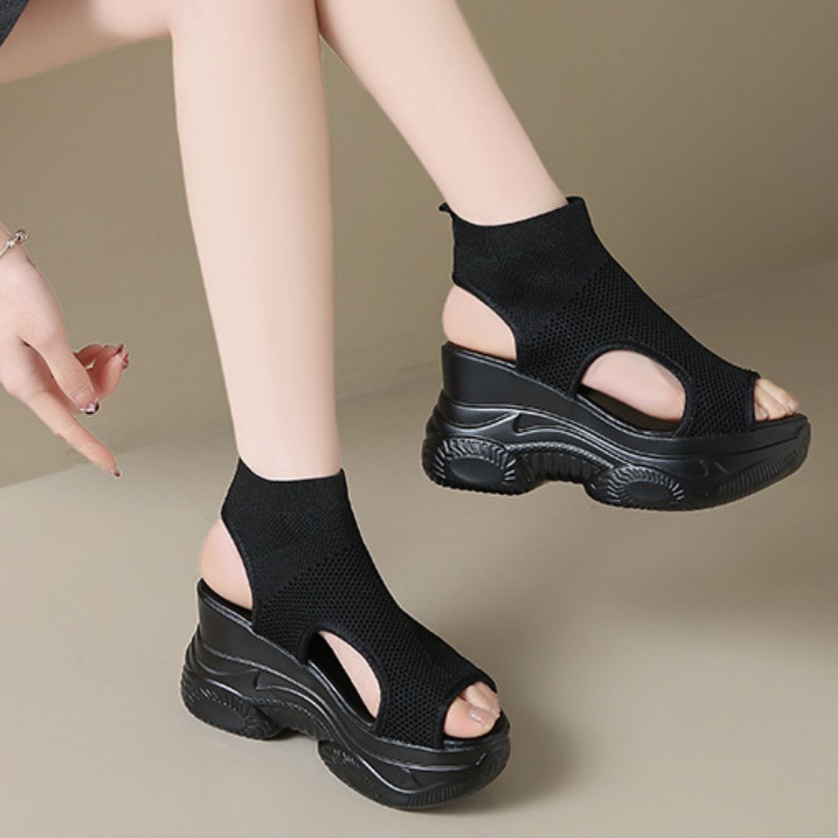 Cutout Mesh Wedge Sandals in Black Lace for Women