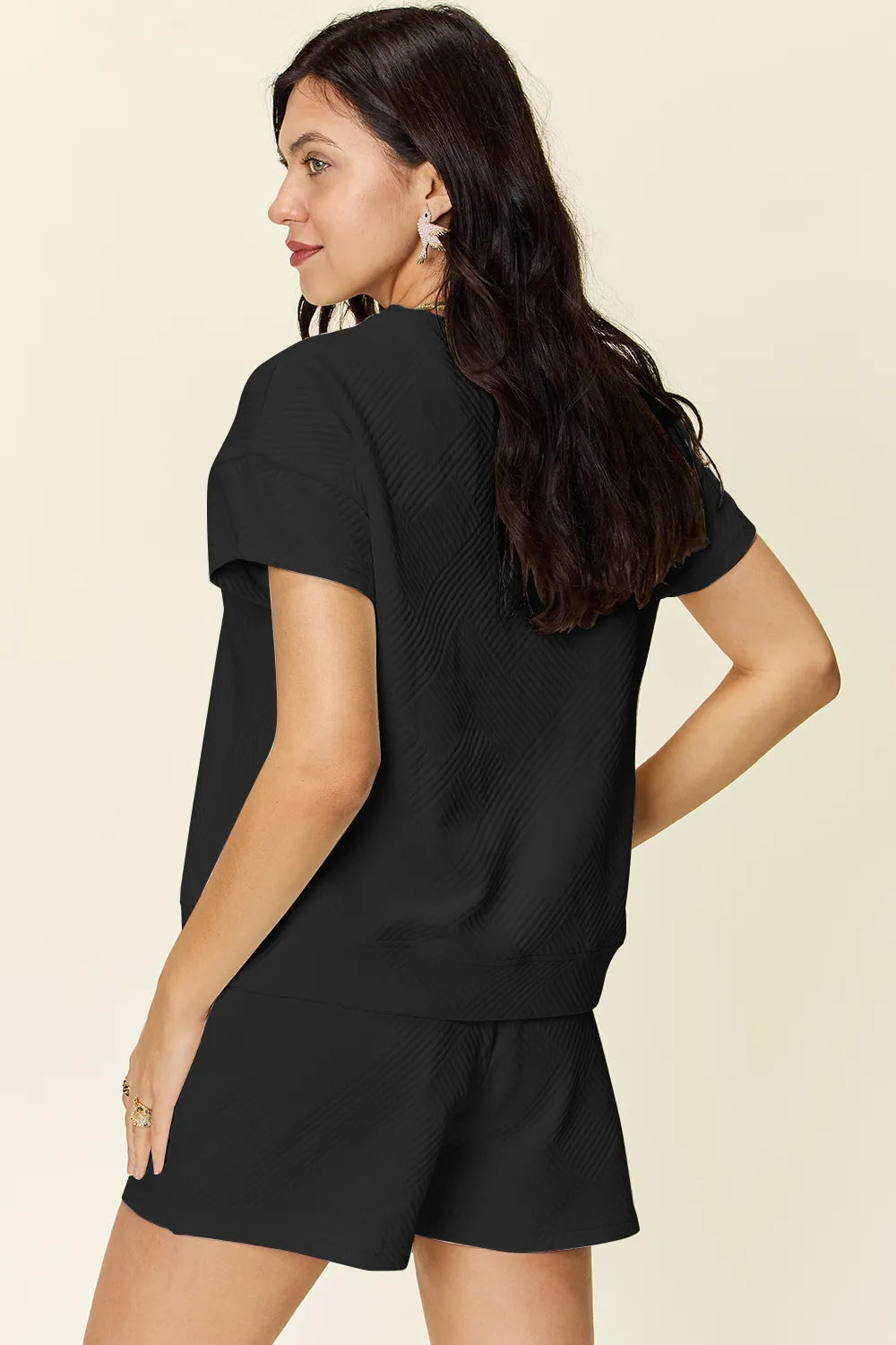 Plus Size Texture Short Sleeve T-Shirt and Drawstring Shorts Set in Mocha in Black for Women