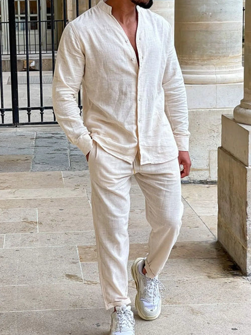 Button Up Long Sleeve Top and Pants Set in Beige for Men