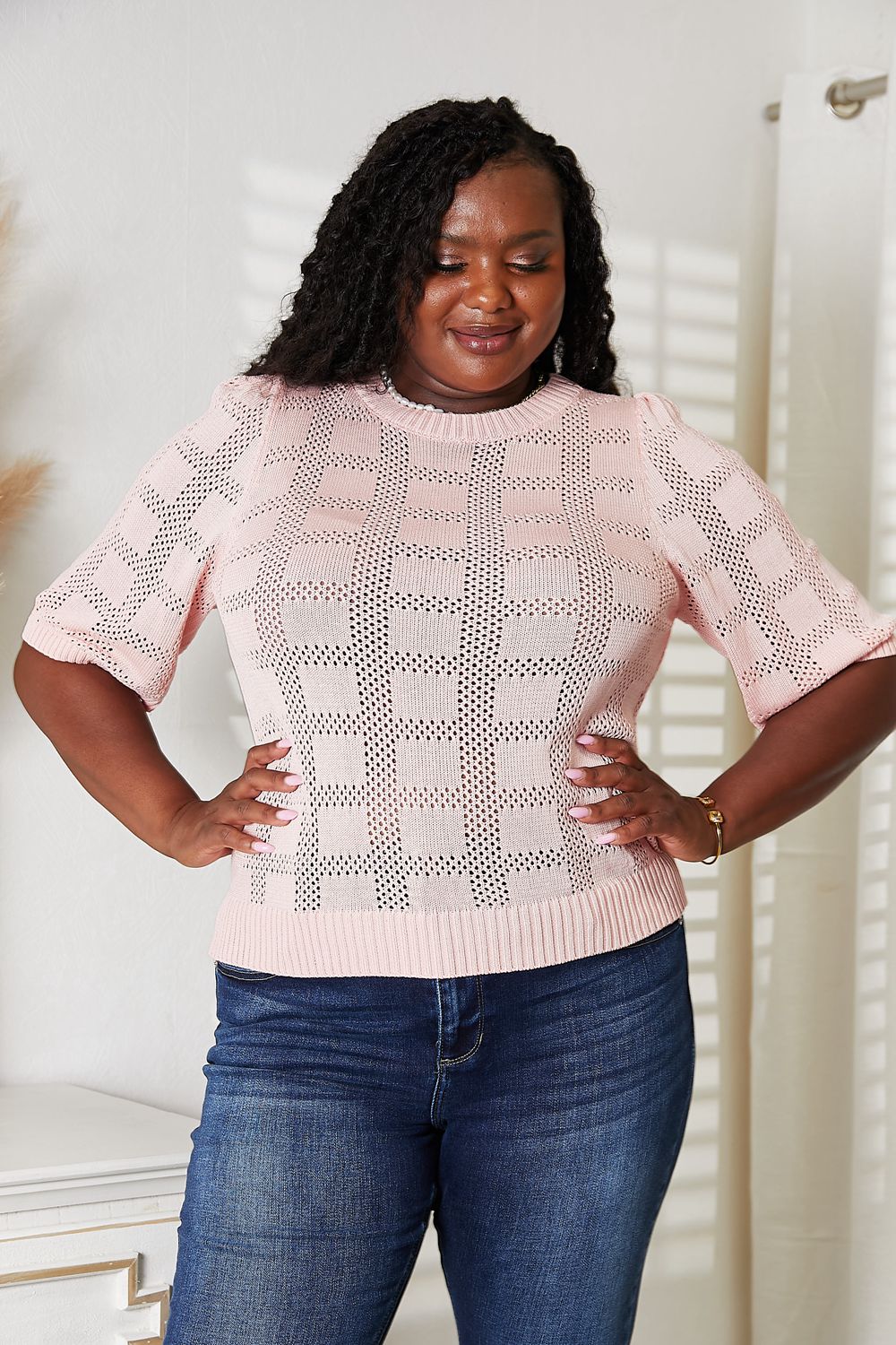 Ribbed Trim Round Neck Knit Top for Women