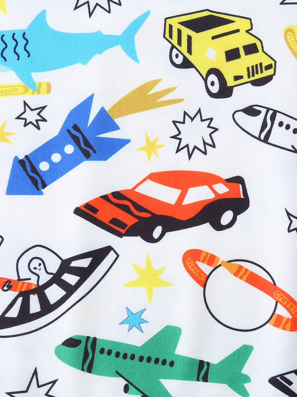Cartoon Vehicle Print Tee and Shorts Set in White for Boys