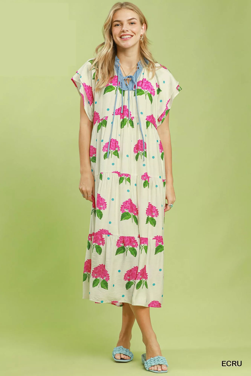 Hydrangea Print Tiered Midi Dress in Ecru for Women