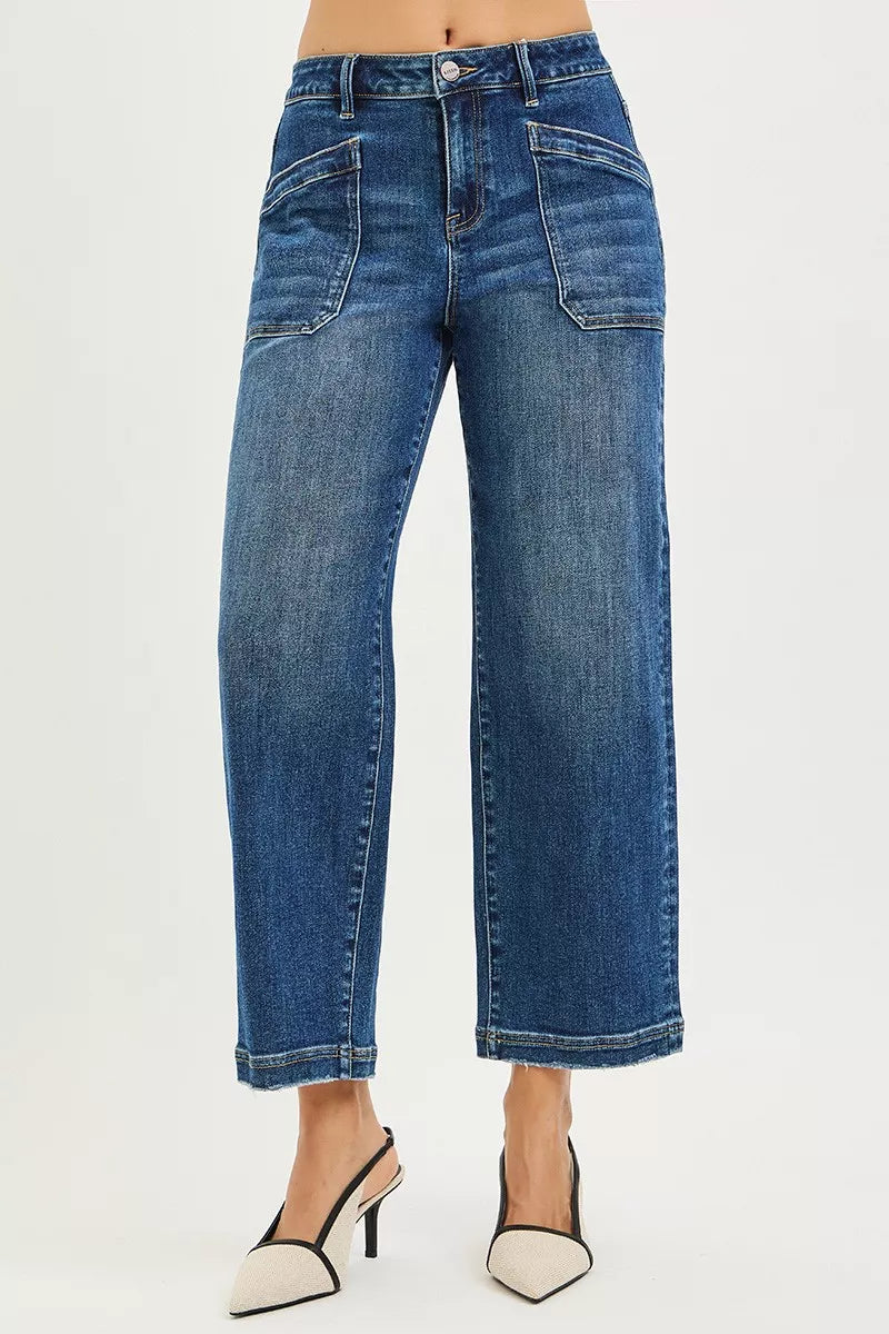 Slouchy Cropped Baggy Jeans with Front Patch Pocket in Dark for Women