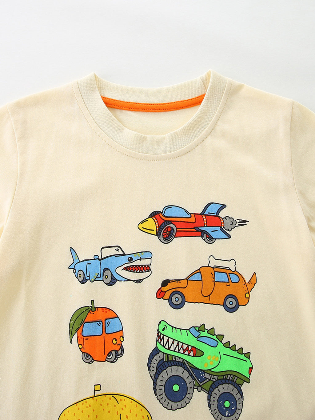 Vehicle Print Crew Neck Short Sleeve T-Shirt in Cream for Boys