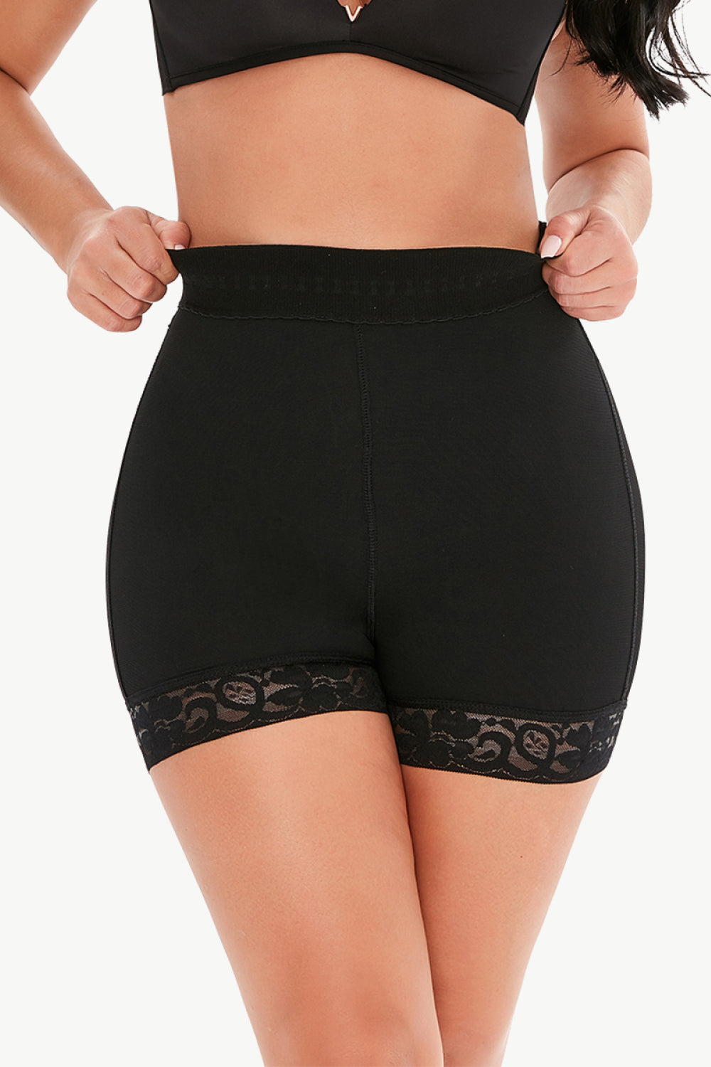 Plus Size Pull-On Lace Trim Shaping Shorts in Black for Women