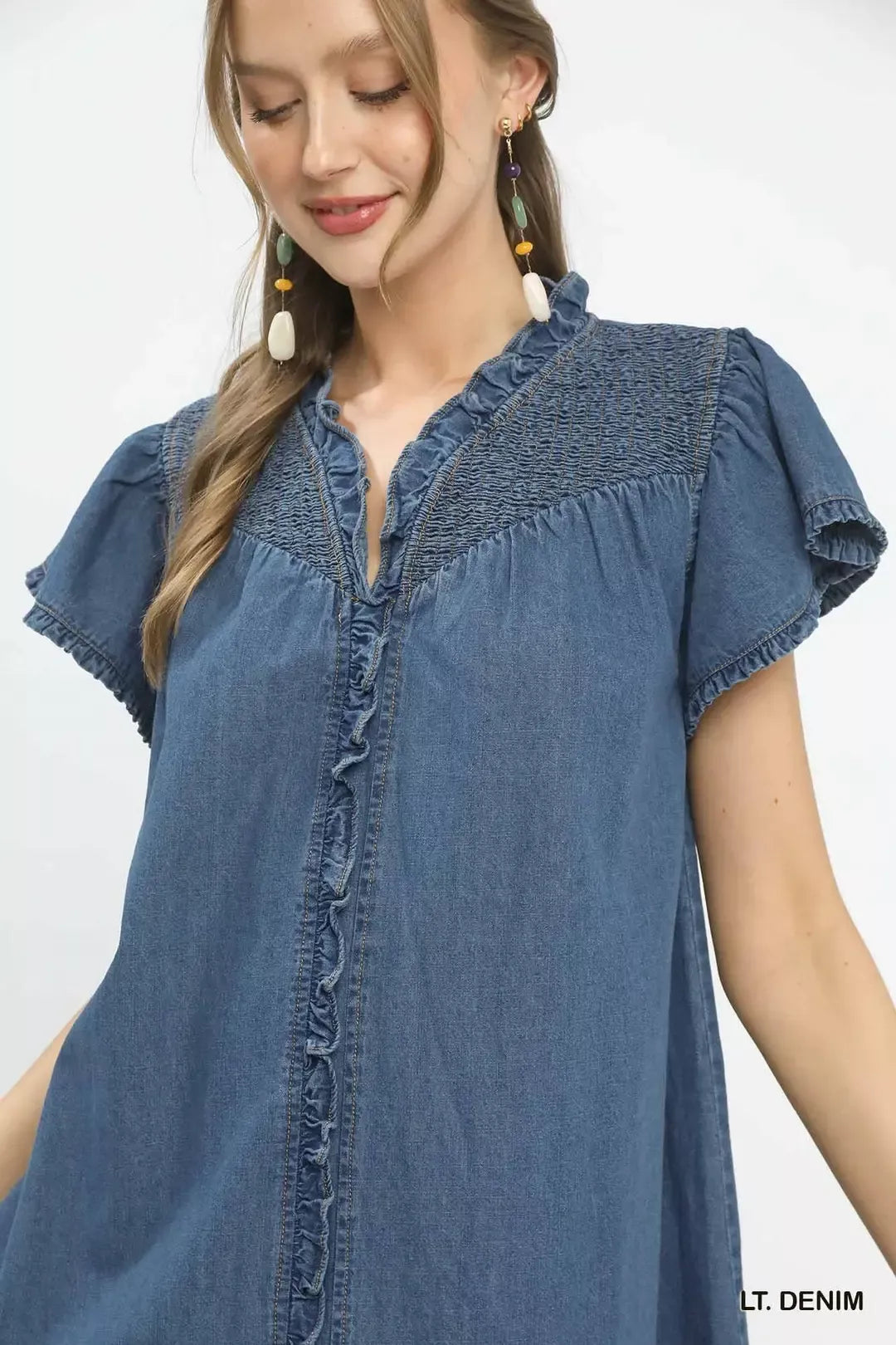 Ruffled Washed Denim Dress in Light Denim for Women