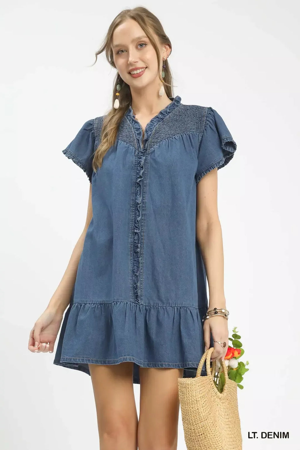 Ruffled Washed Denim Dress in Light Denim for Women