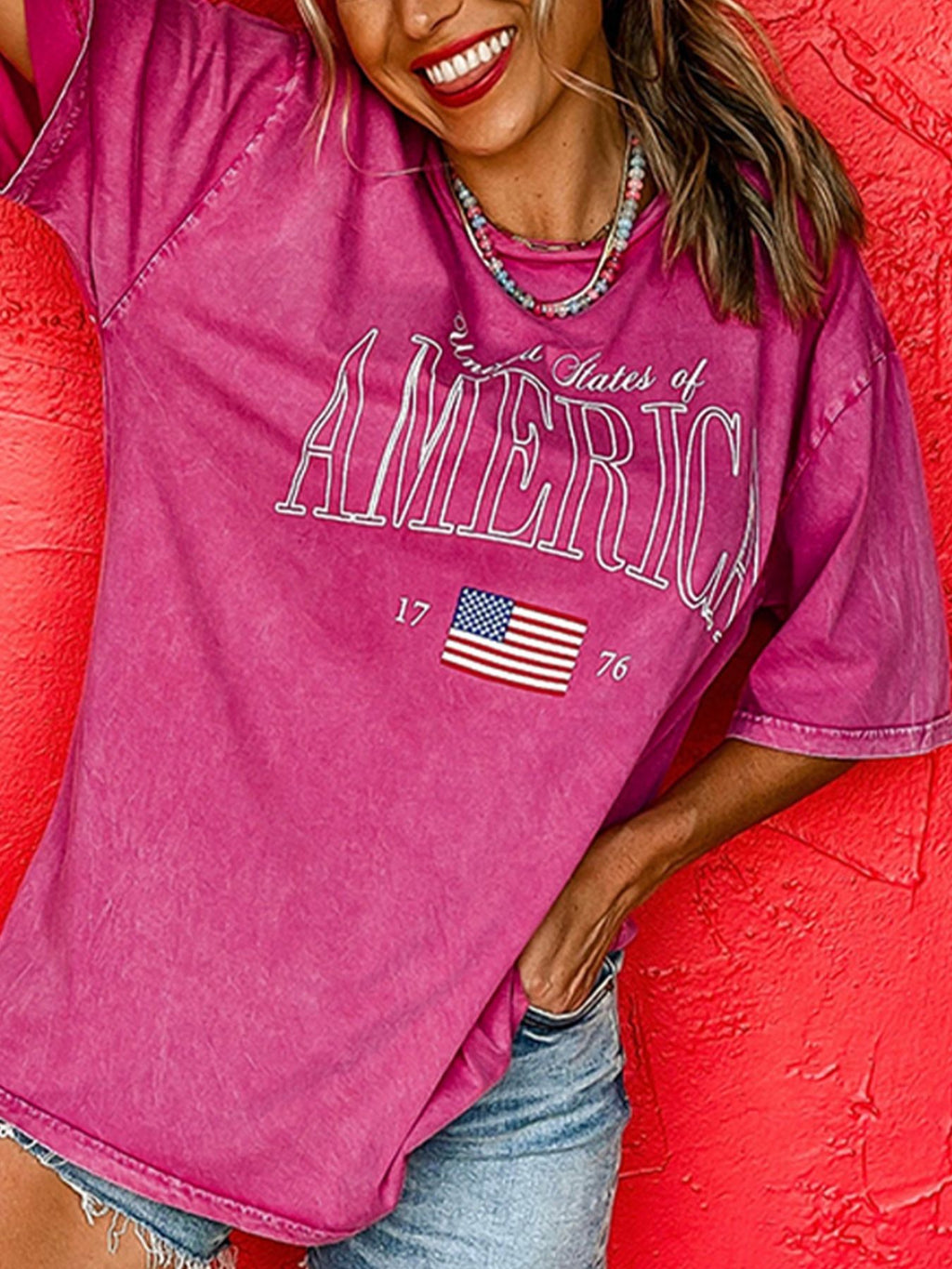 America 1776 Graphic Mineral Wash Cotton Tee in Cerise for Women