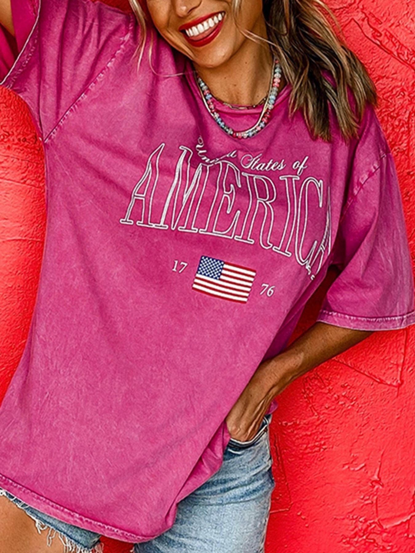 America 1776 Graphic Mineral Wash Cotton Tee in Cerise for Women