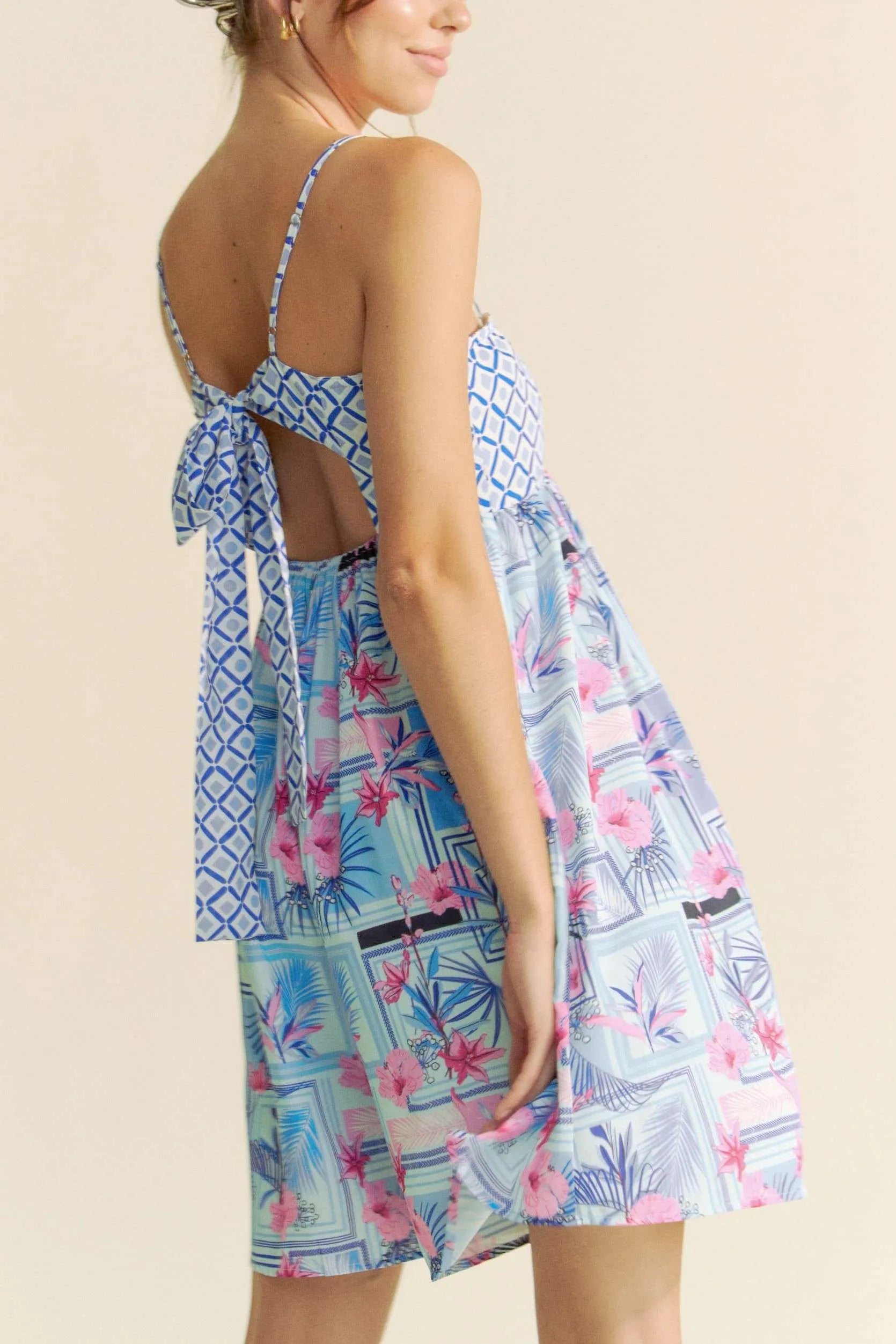 Tropical Floral Geo Print Tie Back Tube Top Romper for Women
