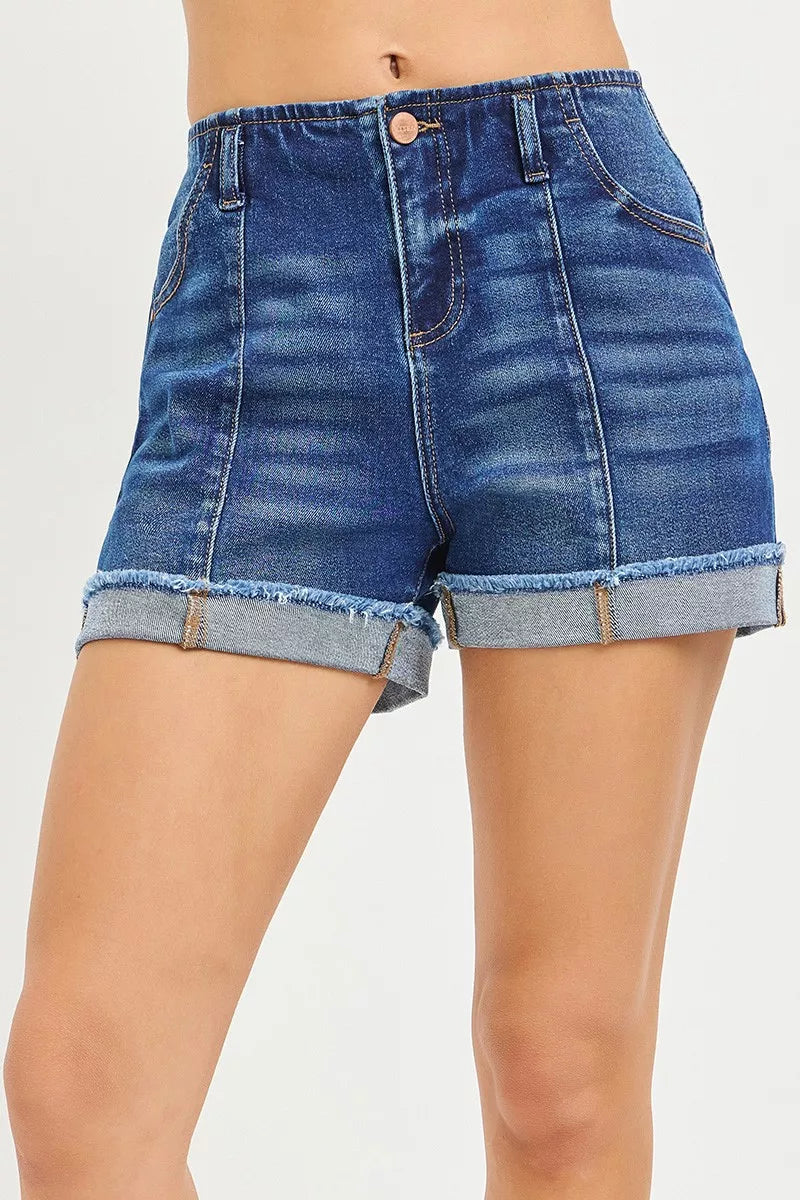 Slouchy Cuffed Denim Shorts in Dark for Women
