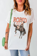 Cowboy Graphic Round Neck Short Sleeve T-Shirt in White for Women