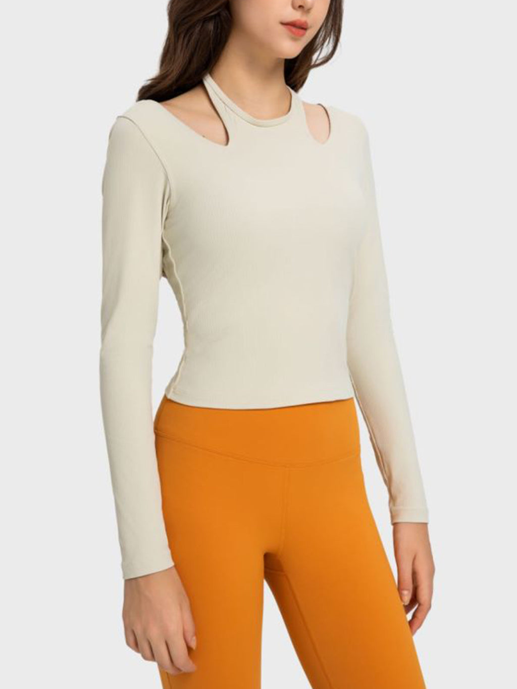 Halter Neck Long Sleeve Sporty Top in Yellow-Green for Women