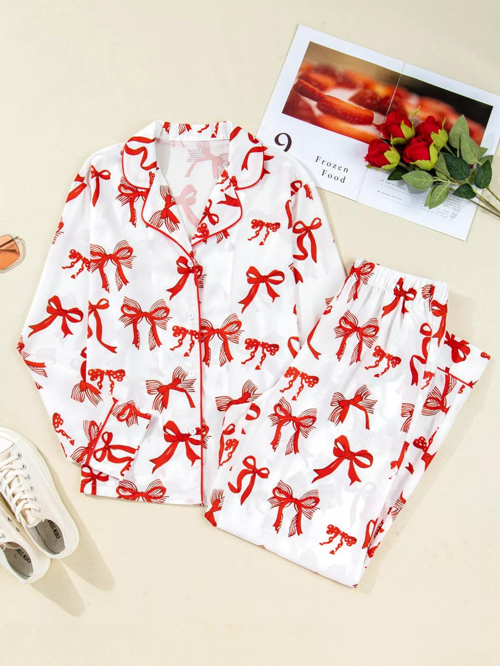 Christmas Bow Print Top and Pants 2pcs Pajama Set in Red for Women