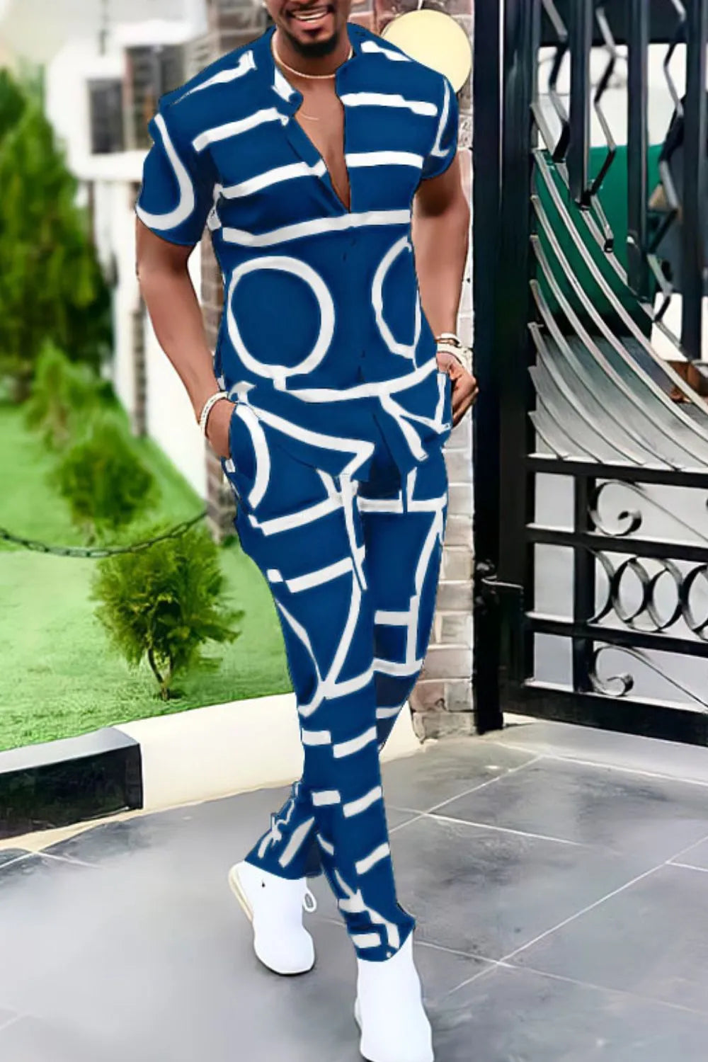 Geo Print Short Sleeve Top and Pants Set Plus Size in White for Men