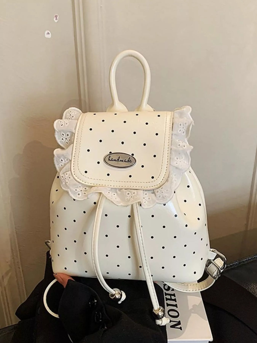 Polka Dot Lace Trim Backpack Bag in Cream for Women