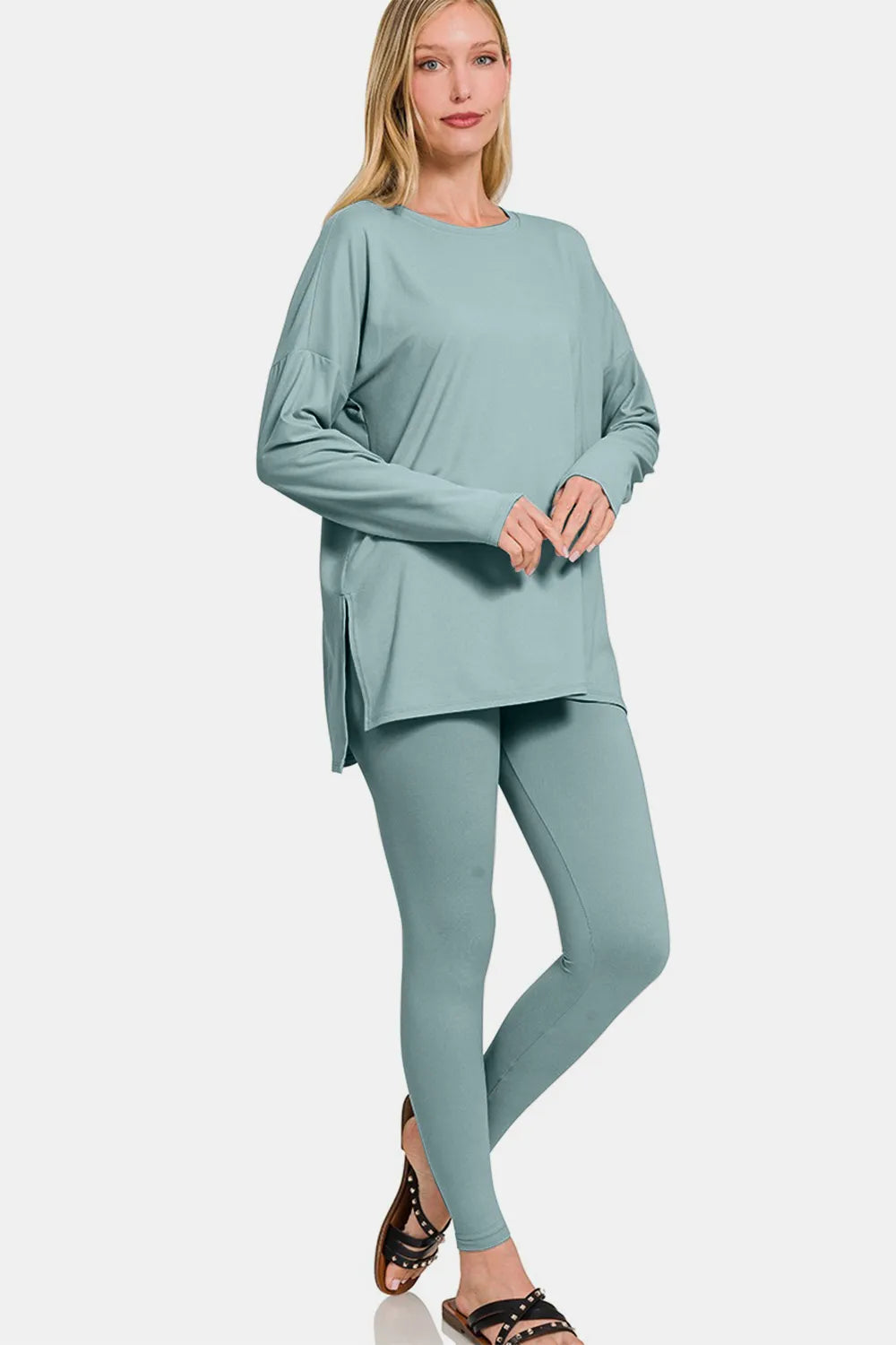 Plus Size Brushed Microfiber Top and Leggings Lounge Set in Blue Grey for Women