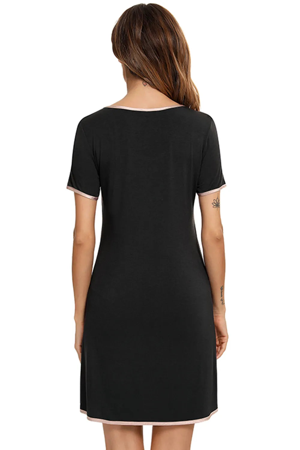 Contrast Trim Pocketed Round Neck Lounge Dress in Black for Women