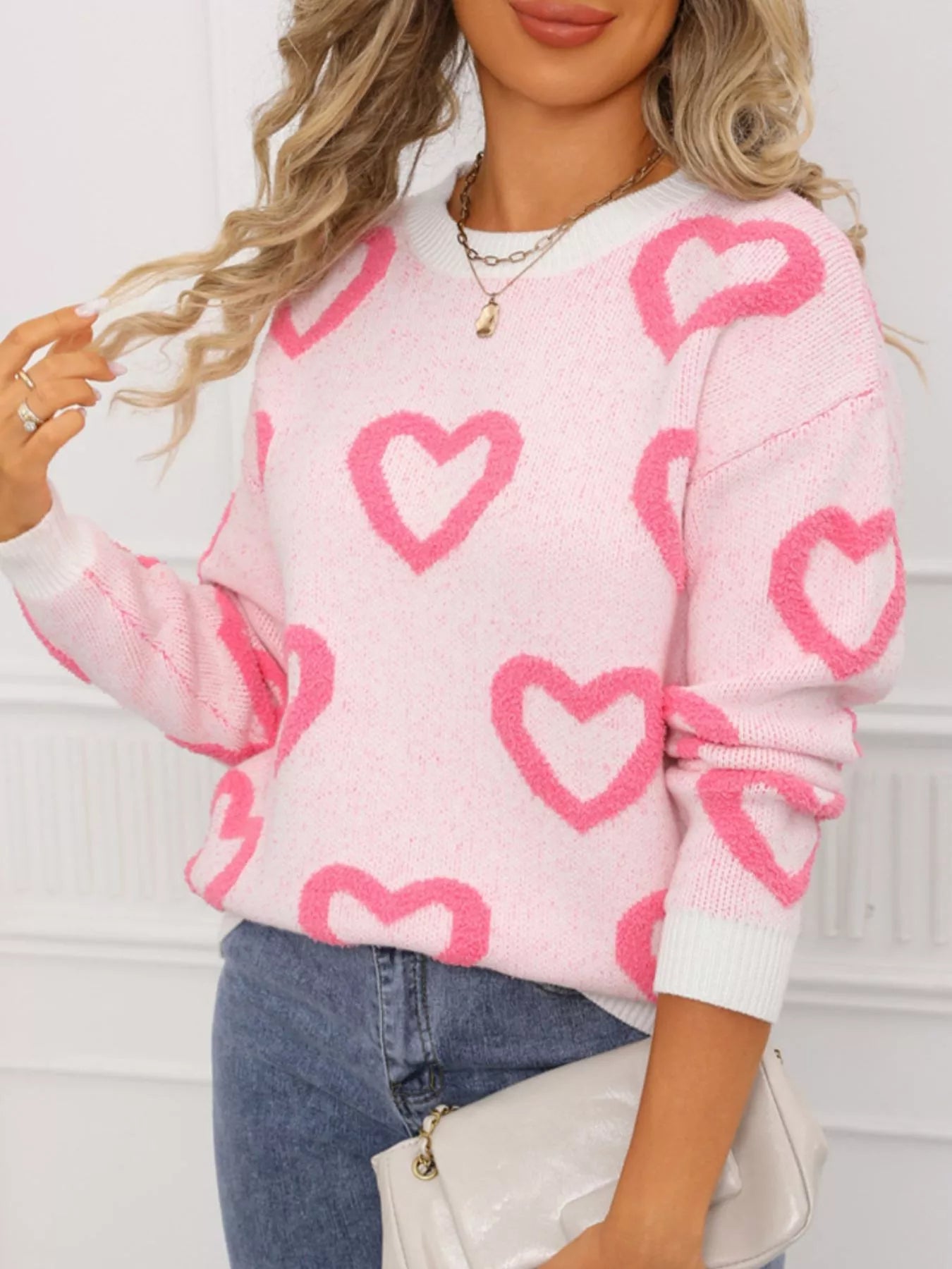 Valentines Day Heart Pattern Round Neck Sweater in White for Women
