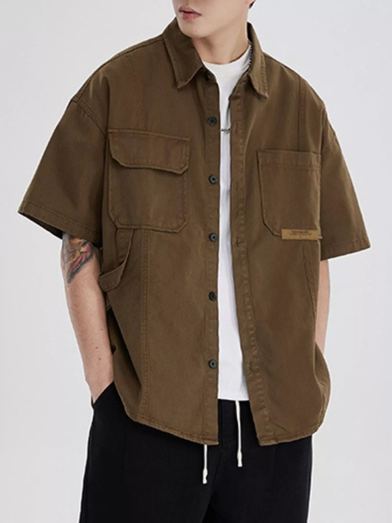 Button Up Half Sleeve Shirt Plus Size in Gray in Khaki for Men