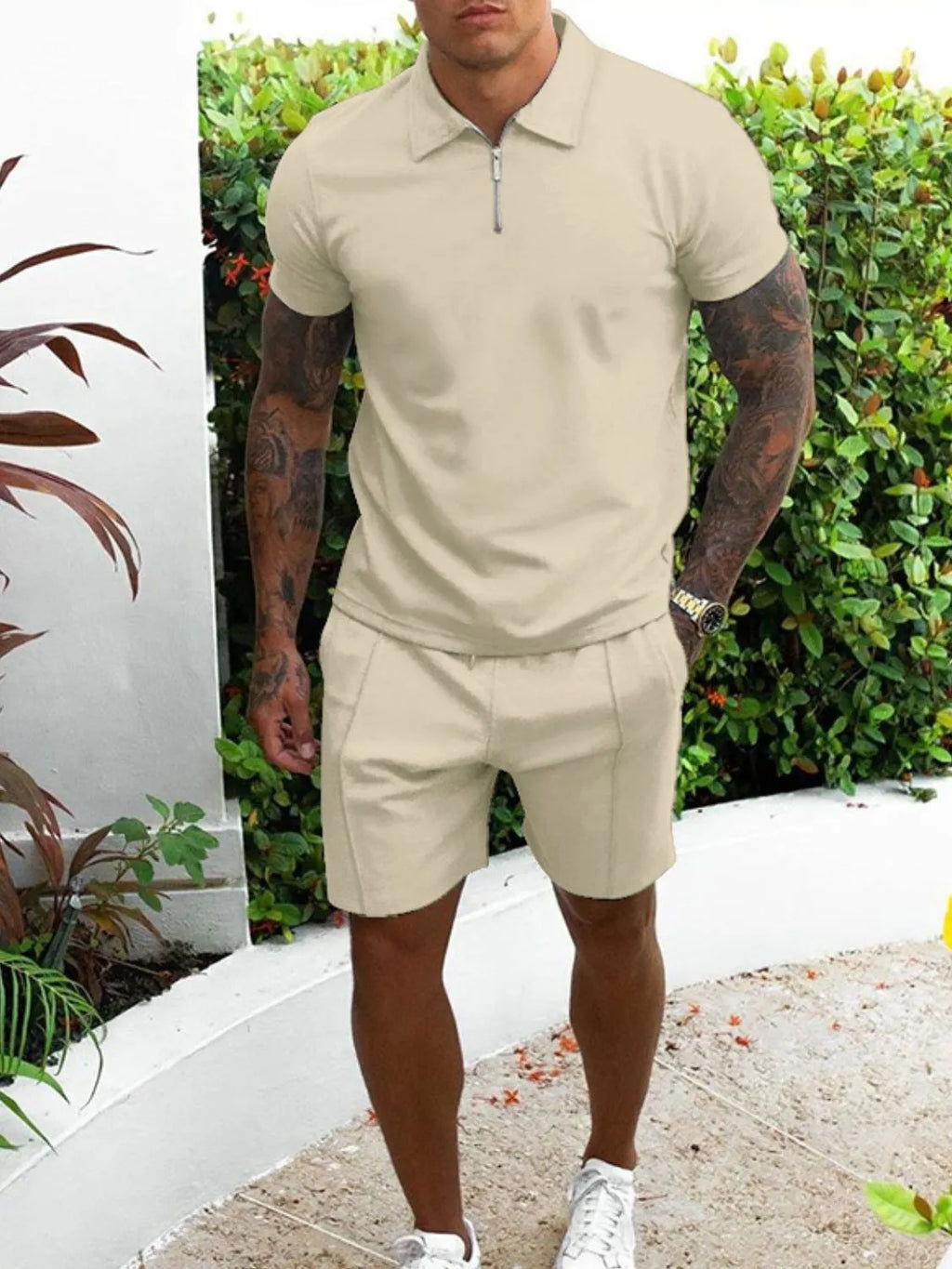 Collared Neck Short Sleeve Top and Shorts Set Plus Size in Black for Men
